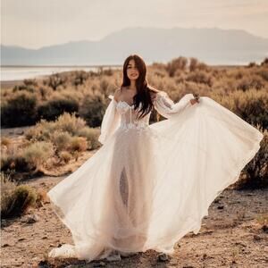 Sparkle Sheer Lace Puff Sleeve Sleeveless Corset Wedding Dress Bridal Gown 12